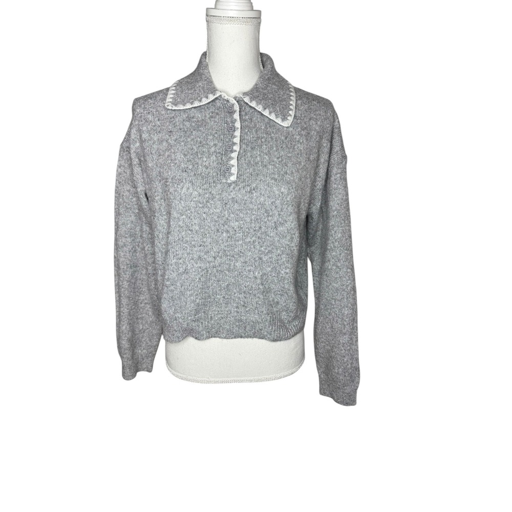 Miou Muse Grey Scalloped Trim Polo Bozeman Sweater Wool Blend Long Sleeve Small